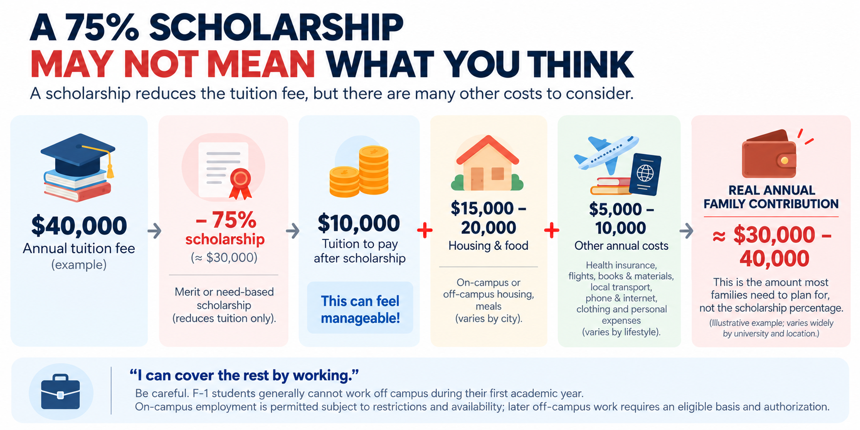 Infographic titled "A 75% scholarship may not mean what you think": a $40,000 example annual tuition fee, minus a 75% scholarship (about $30,000), leaves $10,000 tuition to pay; add $15,000-20,000 for housing and food and $5,000-10,000 for other annual costs such as health insurance, flights, books, transport and phone, and the real annual family contribution is about $30,000-40,000 -- the amount most families need to plan for, not the scholarship percentage. A note below warns that F-1 students generally cannot work off campus during their first academic year, and that on-campus employment is limited while later off-campus work needs an eligible basis and authorization.