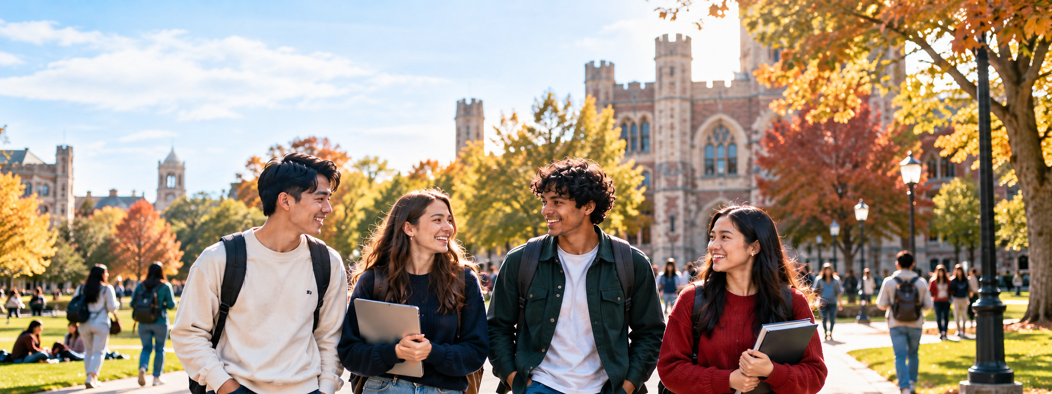 Four students talking and smiling while walking along a path on a university campus in autumn, with a Gothic-style academic building and colorful trees behind them.