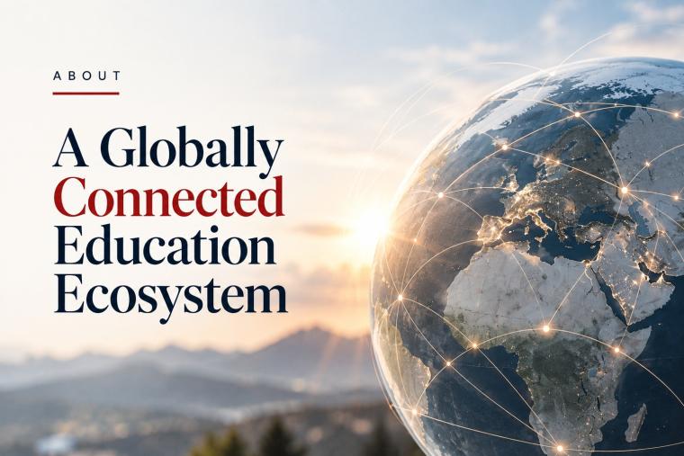 Illustration of a connected globe with glowing network lines over a sunrise landscape