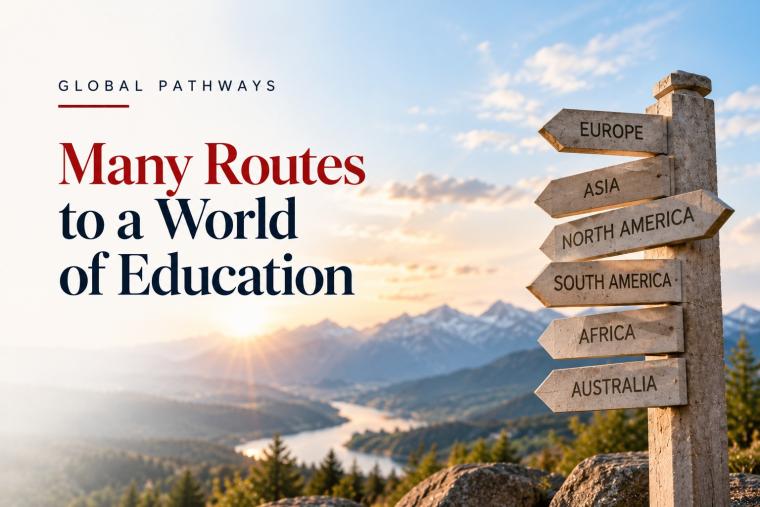 A wooden signpost with arrows to Europe, Asia, North America, South America, Africa and Australia, overlooking mountains at sunrise