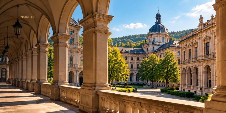 Sunlit stone arcade with columns and a balustrade, looking out onto a baroque university building with a domed tower, green trees and wooded hills under a blue sky.