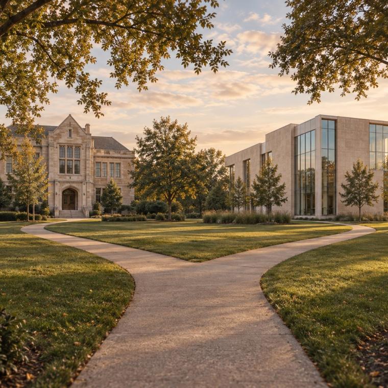 Footpath across a university lawn that forks towards two campus buildings