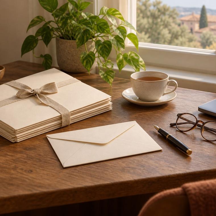 Desk with a ribbon-tied stack of document folders, an envelope, a fountain pen and reading glasses