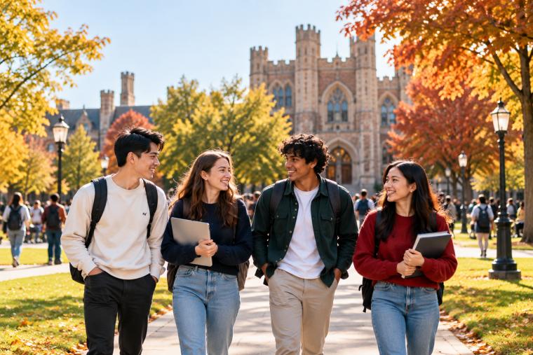 Four international students laughing together while walking along a path on a university campus in autumn, with a Gothic-style academic building and colorful trees in the background.