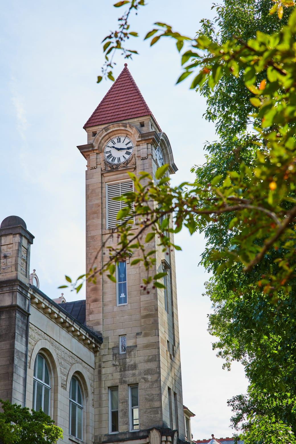 Stone clock tower with a red tile roof, framed by a tree.