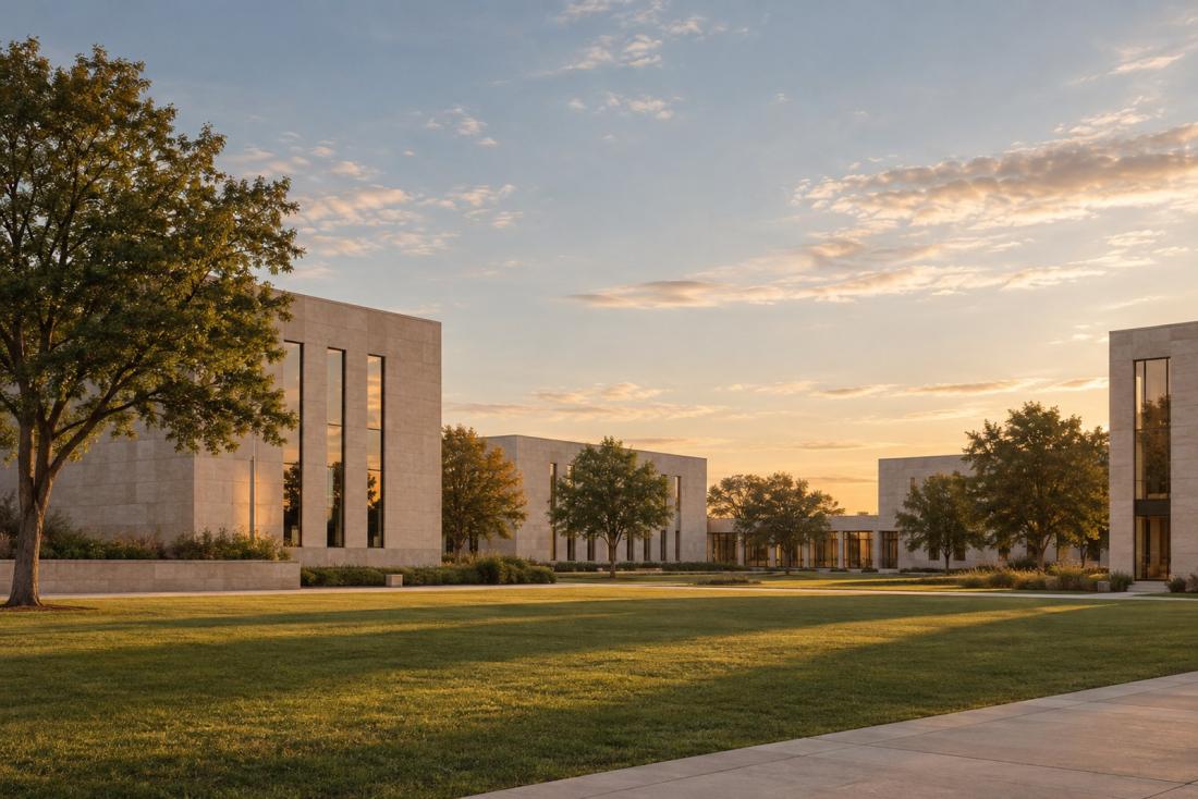 Modern university campus with a wide lawn and trees in late-afternoon light