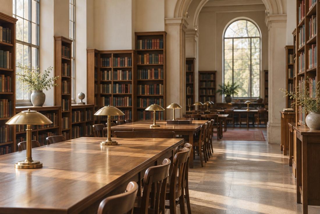 University library reading room with long wooden tables and brass lamps