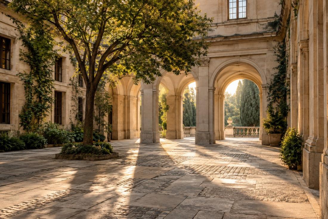 Sunlit stone arcade in a quiet university courtyard